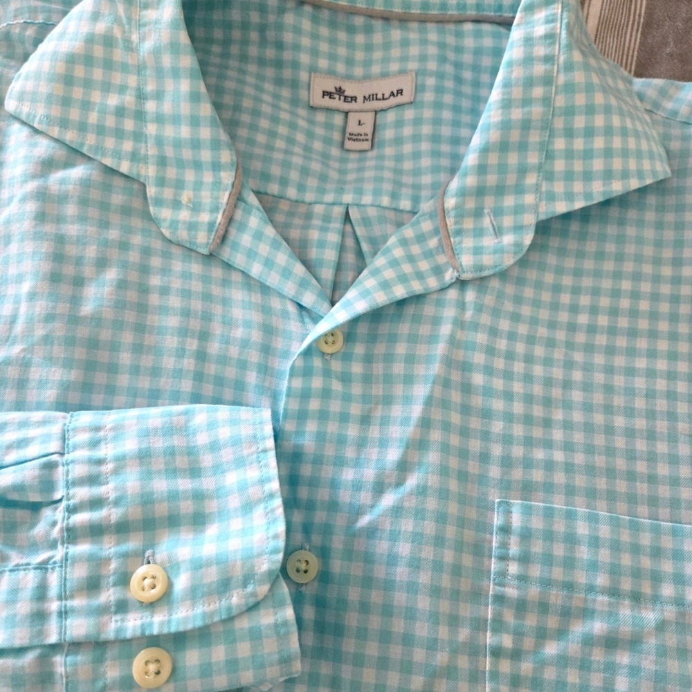 Peter Millar Gingham Check Long Sleeve Button Down Shirt Blue White Cotton Sz L